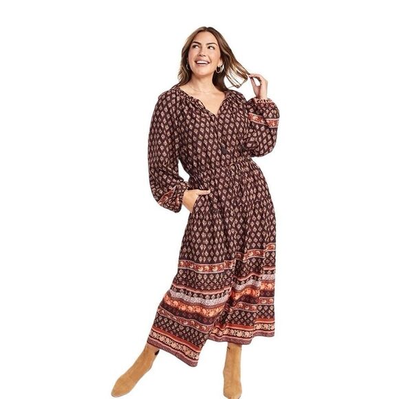 Old Navy 3X Long Sleeve Tiered Poet Midi Dress Brown Pockets Cottagecore Prairie - Picture 1 of 7
